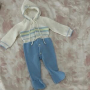 Atkins Vintage Baby Boy Sweater Onesie Hood Blue White Yellow